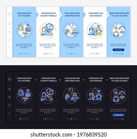 Hypoacusis prevention onboarding vector template. Responsive mobile website with icons. Web page walkthrough 5 step screens. Ear care practices night and day mode concept with linear illustrations