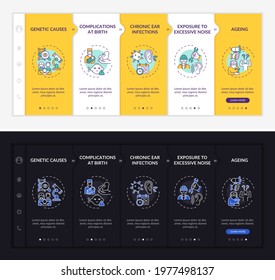 Hypoacusis reasons onboarding vector template. Responsive mobile website with icons. Web page walkthrough 5 step screens. Ageing, genetics night and day mode concept with linear illustrations