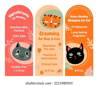 Hypoallergenic cat shampoo sensitive skin formula. Grooming for dogs and kitties, nourishes and gives vitamins and antioxidants. Long lasting fragrance and ph balanced. Labels vector in flat style