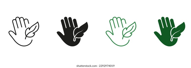 Concepto hipoalergénico conjunto de iconos negro y verde. Silueta sensible de piel de mano y símbolo de línea. Signo alérgico suave hipoalergénico. Dermatología Delicada Cosmética, Signo De Pluma. Ilustración de vectores aislados.