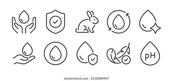 Hipoalergênicos, crueldade livre e dermatologicamente testados ícones de contorno de traçado editável conjunto isolado no fundo branco ilustração vetor plana. Pixel perfeito. 64 x 64