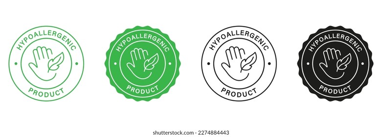 Hypoallergenic Product Stamp Set. Green and Black Labels Hypoallergenic Safety for Cosmetics. Allergen Free Stickers. Hand and Feather Icon. Approved Materials. Isolated Vector Illustrations.