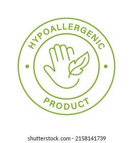 Hypoallergenic Safe Product Line Green Stamp. Safety Hypo Allergenic Cosmetic For Sensitive Skin Hygiene Outline Sticker. Allergen Free Label. Hand And Feather Symbol. Isolated Vector Illustration.