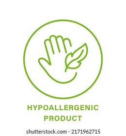 Hypoallergenic Safe Product Line Green Icon. Safety Hypo Allergenic Cosmetic for Sensitive Skin Hygiene Outline Pictogram. Allergen Free Icon. Hand and Feather Symbol. Isolated Vector Illustration.