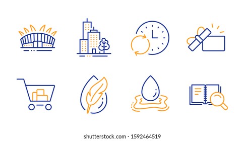 Hypoallergenic tested, Internet shopping and Water splash line icons set. Skyscraper buildings, Opened gift and Update time signs. Arena stadium, Search book symbols. Vector