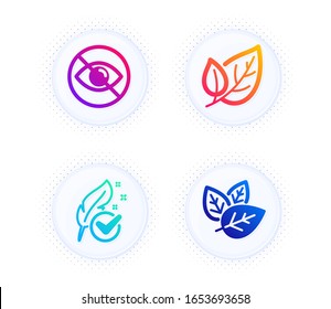 Hypoallergenic tested, Not looking and Leaf icons simple set. Button with halftone dots. Organic tested sign. Feather, Eye care, Ecology. Bio ingredients. Healthcare set. Vector