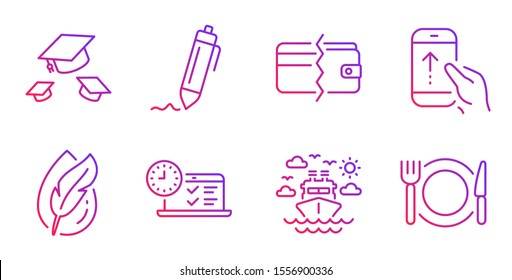 Hypoallergenic tested, Ship travel and Online test line icons set. Payment methods, Swipe up and Throw hats signs. Signature, Restaurant food symbols. Feather, Cruise transport. Business set. Vector