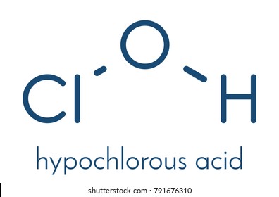 Hypochlorous acid (HClO) disinfectant molecule. Formed when chlorine is dissolved in water. Skeletal formula.