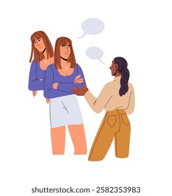 Hypocrisy concept. Girl liar hides truth with fake emotions, mask during talking with friend. Insincere woman cheating, lying in communication. Flat isolated vector illustration on white background