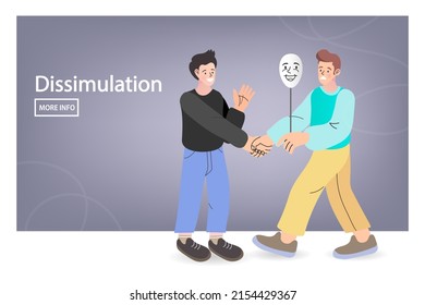 Hypocrisy Concept. Partner Handshake Of Business. Hypocrite Angry Man Holding Mask In Hand. Change Of Mood. Vector Illustration, Flat Design, Cartoon Style.