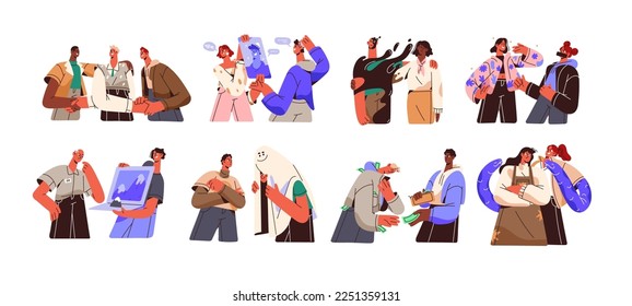 Hypocrisy, dishonesty concept. Liars, hypocrites people with fake emotions. Dishonest cunning liers cheating, pretending friends. Flat graphic vector illustrations isolated on white background