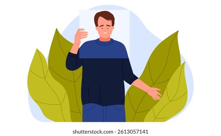 Hypocrisy, dishonesty of people, impostor syndrome, bipolar disorder. Dishonest man holding portrait of young guy with smile to cover and hide face, pretend to be happy cartoon vector illustration