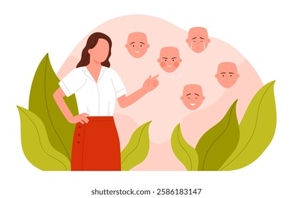 Hypocrisy, dishonesty of person with fake emotions, false identity disorder. Liar hiding truth of feeling, girl pointing at theater mask to choose happy and angry, sad mood cartoon vector illustration