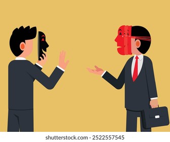 Hypocrisy emblem, Fake businessmen. Businessmen wearing a mask confronting each other