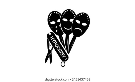 Hypocrisy emblem, swiss knife with masks, black isolated silhouette