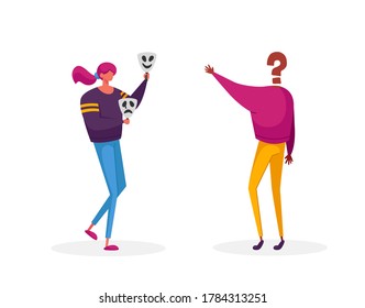 Hypocrisy, Fraud, Lie and Insincerity Concept. Young Woman Hold Two Masks Expressing Opposite Emotions Sadness and Happiness Hypocrite Girl Hide Real Feelings. Cartoon People Vector Illustration