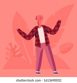 Hypocrisy And Identity Concept. Unrecognizable Anonymous Person With Question Mark Instead Of Head Shrug. Confusing Situation, Asking. Secret Agent, Espionage Idea. Cartoon Flat Vector Illustration