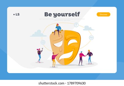Hypocrisy Landing Page Template. Characters Lying to Each Other, Hide Real Emotions and Face. Man Sitting on Huge Mask Separated on Smiling and Sad Crying Parts. Cartoon People Vector Illustration