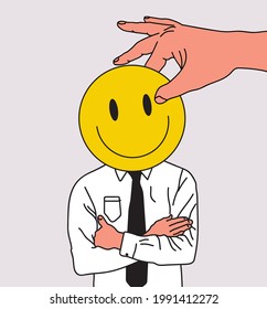 Hypocrisy or lie or fraud,  and insincerity concept illustration with salesman or businessman or office clerk with smiled emoji instead head. Vector illustration