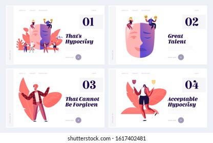 Hypocrisy, Lie And Insincerity Website Landing Page. Hypocrite People Hide Real Feelings, People Lying And Hiding Emotions Wearing Sad Or Happy Mask Web Page Banner. Cartoon Flat Vector Illustration