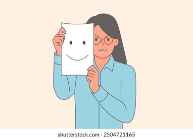 Hypocrisy and secrecy of business woman hiding real emotions behind mask of happy human. Female manager uses hypocrisy and manipulation to hide true goals or force subordinates to work more.