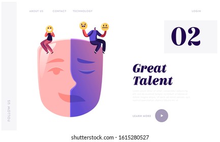 Hypocrisy Website Landing Page. Man and Woman Sitting on Huge Mask Separated on Opposite Emotions with Smiling and Sad Crying Parts. People Cover Face Web Page Banner. Cartoon Flat Vector Illustration
