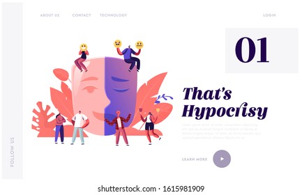 Hypocrisy Website Landing Page. Man and Woman Sitting on Huge Mask Separated on Smiling and Sad Crying Parts. People Lying and Hide Real Emotions Web Page Banner. Cartoon Flat Vector Illustration