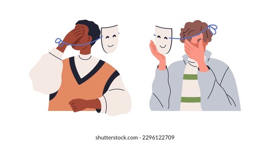 Comunicación hipócrita, concepto de hipocresía. Ocultando emociones negativas reales detrás de máscaras amigables con sonrisas falsas. La deshonestidad mutua en la relación. Ilustración vectorial plana aislada en fondo blanco