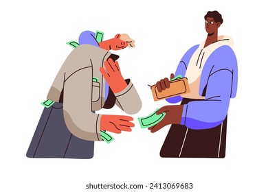 Hipócrita escondiendo la codicia con la riqueza. Impostor avaricioso, mentiroso rico finge mendigo, mendigar dinero. Hipocresía en amistad falsa. Concepto de deshonestidad. Ilustración vectorial aislada plana sobre fondo blanco