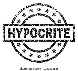 HYPOCRITE stamp seal watermark with distress style. Designed with rectangle, circles and stars. Black vector rubber print of HYPOCRITE title with dirty texture.