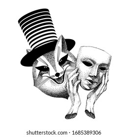 Hypocrite, trickster. Joker is an evil trickster. Sly fox hides behind a mask. Man magician with cylinder hat. anthropomorphic animal, rogue, mischievous. black and white handmade illustration.