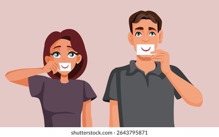 
Casal hipócrita exibe uma ilustração falsa de desenho animado de vetor de sorriso. Homem e mulher tentando manter as aparências como casal 