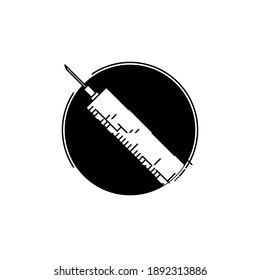 hypodermic syringe in black circle with The tip of the needle protruding from the circle, black and white icon, vector sign design illustration.