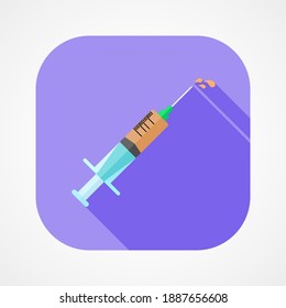 hypodermic syringe with green needle head and orange vaccine healthcare app, display music playing application in mobile concept, vector flat design illustration.