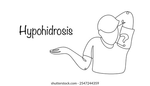 Hipohidrosis Patología de la sudoración, en la que la producción de sudor disminuye bruscamente o se detiene por completo. Un dibujo de un hombre que se sorprende por la falta de sudor. Ilustración vectorial.