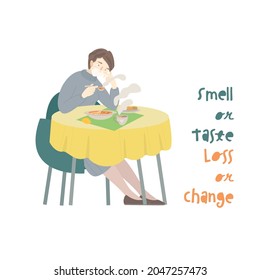 Hyposmia anosmia, loss of sense of smell and taste, long covid syndrome, covid-19 damage in olfactory system. Sick female suffer coronavirus disease consequences. Vector illustration isolated on white