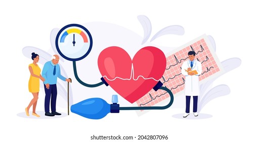 Hypotension, hypertension disease. Tiny cardiologist measuring high blood pressure with tonometer. Doctor consulting elderly patient about cardiological disease Medical examination, cardiology checkup