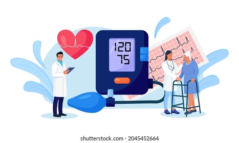 Hypotension, Hypertension Disease. Tiny Cardiologist Measuring High Blood Pressure With Tonometer. Doctor Consulting Elderly Patient About Cardiological Disease Medical Examination, Cardiology Checkup