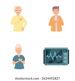 Los iconos de hipotensión establecen el Vector de dibujos animados. Frecuencia cardíaca en el monitor y la pantalla. Atención de salud, diagnóstico y tratamiento