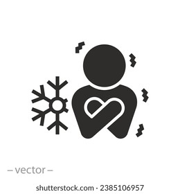 hypothermia icon, human body cooling, chills person, man is trembling,  thin line symbol on white background - editable stroke vector illustration eps10 