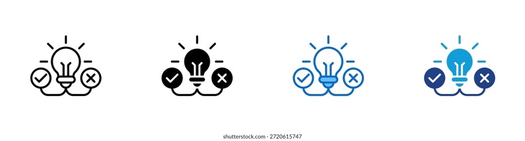 Vector de diseño de íconos de estilo múltiple: bombilla con símbolos de verificación y cruzados que representan la decisión, la prueba de hipótesis y el pensamiento analítico