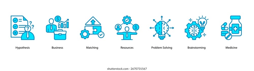 Hypothesis and Strategy web banner icon vector illustration featuring Hypothesis, Business, Matching, Resources, Problem Solving, Brainstorming, and Medicine.