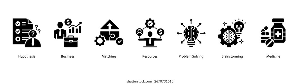 Ícone vetorial do banner da Web de Hipótese e Estratégia apresentando Hipótese, Negócios, Correspondência, Recursos, Resolução de Problemas, Debate e Medicina.
