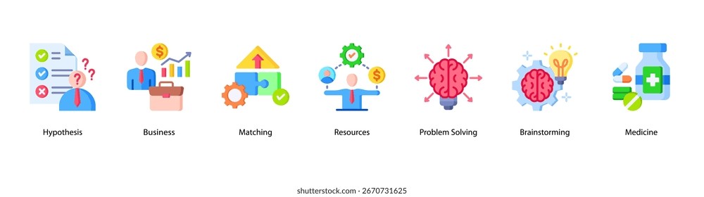 Hypothesis and Strategy web banner icon vector illustration featuring Hypothesis, Business, Matching, Resources, Problem Solving, Brainstorming, and Medicine.