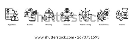 Hypothesis and Strategy web banner icon vector illustration featuring Hypothesis, Business, Matching, Resources, Problem Solving, Brainstorming, and Medicine.