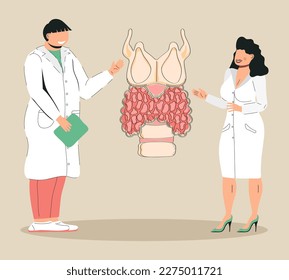 Hipotiroidismo concepto vectorial estilo doodle. Los endocrinólogos diagnostican y tratan la glándula tiroidea humana. Los especialistas hacen análisis de sangre con hormonas. Banner de medicina para sitio web, aplicación.