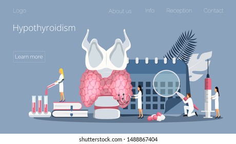 Hypothyroidism Concept Vector. Endocrinologists Diagnose And Treat Human Thyroid Gland. Specialists Make Blood Test On Hormones. Medicine Landing Page Template For Website, App, Banner.