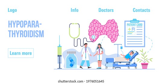 Hypothyroidism concept vector. Endocrinologists diagnose and treat human thyroid gland. Medication, medical supplies for patient are shown. Medicine landing page template for website, app, banner.