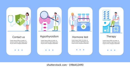 Vector de concepto de hipotiroidismo. Los endocrinólogos diagnostican y tratan la glándula tiroidea humana. Se muestran medicamentos y suministros médicos para el paciente. Plantilla de página de Medicina para sitio web, aplicación.