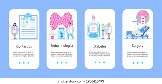Hypothyroidism concept vector. Endocrinologists diagnose and treat human thyroid gland. Medication, medical supplies for patient are shown. Medicine page template for website, app.